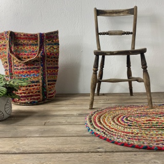 Colourful and hard wearing chindi cotton and jute oval rug for home interior use available in four sizes